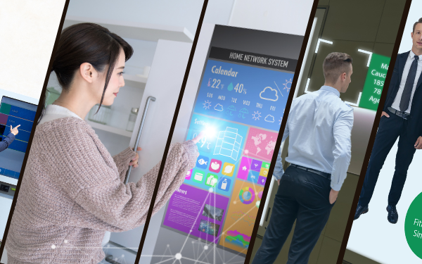 Urban commuters interacting with multiple digital screens