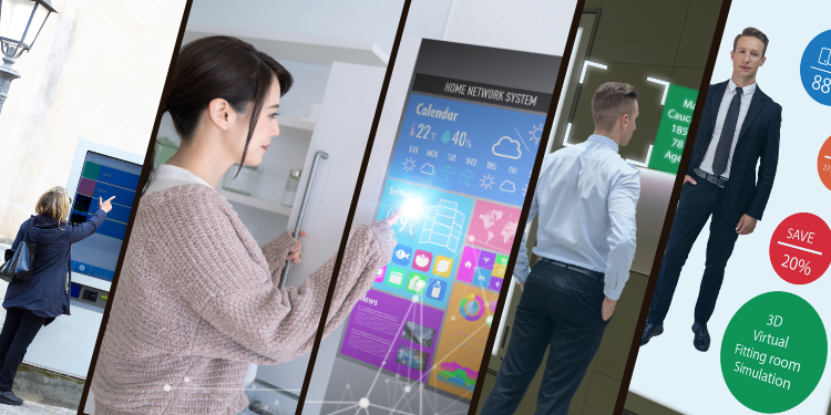 Urban commuters interacting with multiple digital screens