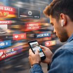 A person scrolling rapidly on a smartphone while multiple ads, notifications, and brand messages blur in the background.