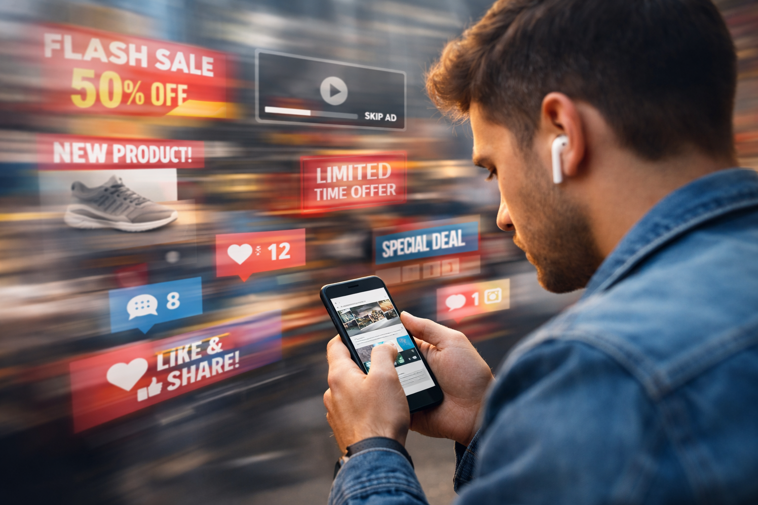 A person scrolling rapidly on a smartphone while multiple ads, notifications, and brand messages blur in the background.