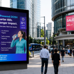 AI-powered DOOH digital billboard displaying real-time data-driven outdoor advertising campaign on a busy modern city street with pedestrians and urban commercial buildings.