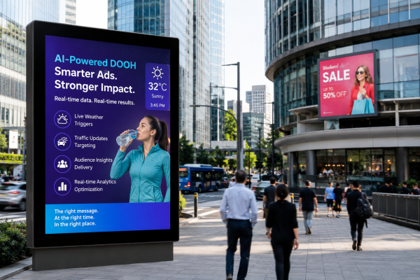 AI-powered DOOH digital billboard displaying real-time data-driven outdoor advertising campaign on a busy modern city street with pedestrians and urban commercial buildings.
