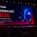 Large YouTube Brandcast 2026 event stage with AI advertising visuals and digital presentation screens.