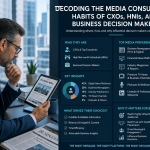 Realistic corporate boardroom scene displaying digital media analytics dashboards, business news feeds, and premium audience consumption data for CXOs and HNIs.