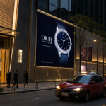 Realistic luxury retail street scene featuring premium digital outdoor advertising, upscale storefront displays, and high-value audience engagement in an urban business district.