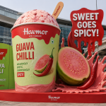 A realistic larger-than-life Havmor Guava Chilli ice cream installation displayed in a busy urban area, featuring giant guava and chilli elements with bold experiential OOH branding.