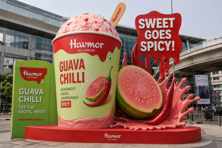 A realistic larger-than-life Havmor Guava Chilli ice cream installation displayed in a busy urban area, featuring giant guava and chilli elements with bold experiential OOH branding.