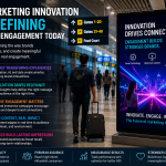 Modern digital airport advertising display showcasing innovative marketing technology and consumer engagement strategies inside a busy airport terminal.