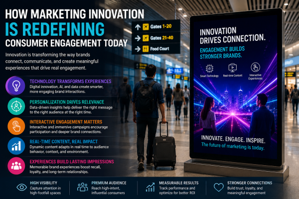Modern digital airport advertising display showcasing innovative marketing technology and consumer engagement strategies inside a busy airport terminal.