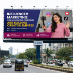 Large roadside billboard campaign promoting influencer marketing and creator-led advertising on a busy urban highway with real traffic and city buildings.