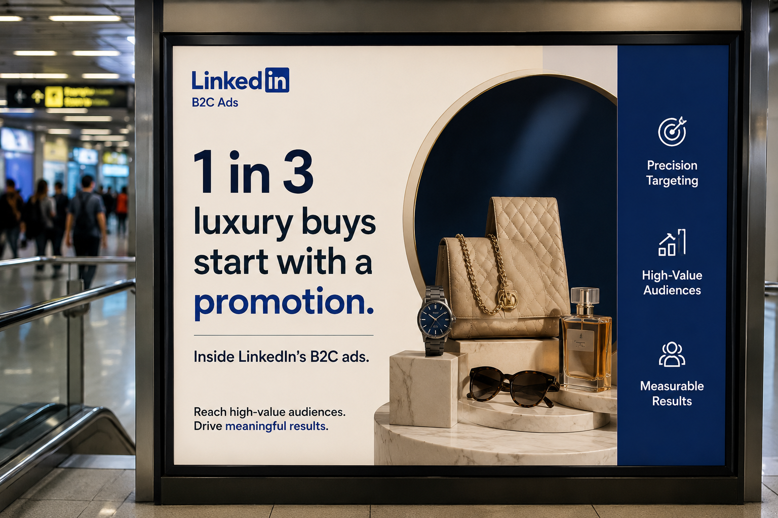 Premium indoor digital billboard campaign showcasing LinkedIn’s B2C luxury advertising insights with a sophisticated promotional display highlighting consumer engagement and upscale brand marketing.
