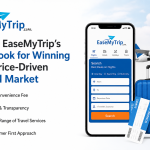 EaseMyTrip promotional graphic showcasing affordable travel booking services, customer-first approach, and digital travel platform features.