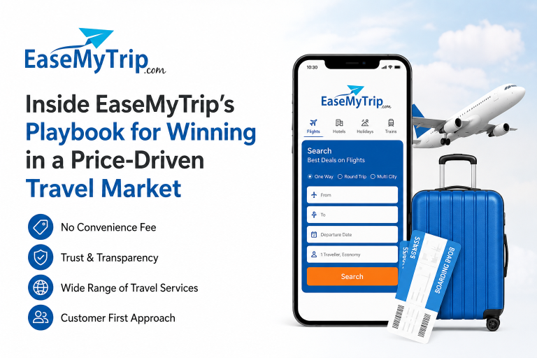 EaseMyTrip promotional graphic showcasing affordable travel booking services, customer-first approach, and digital travel platform features.