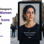 Outdoor advertising campaign in Glasgow featuring painted portraits of real women displayed on digital billboards.