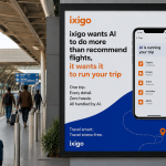 Realistic airport digital billboard featuring ixigo AI-powered travel management campaign showcasing smart trip planning technology for modern travelers.
