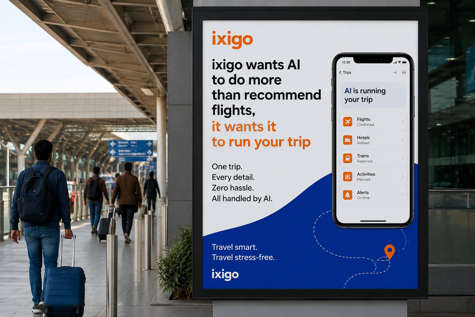 Realistic airport digital billboard featuring ixigo AI-powered travel management campaign showcasing smart trip planning technology for modern travelers.