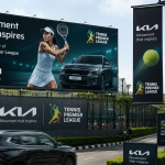 Kia India’s Tennis Premier League OOH campaign featuring large roadside billboards, branded street banners, and tennis-themed outdoor advertising promoting lifestyle-driven sports marketing.