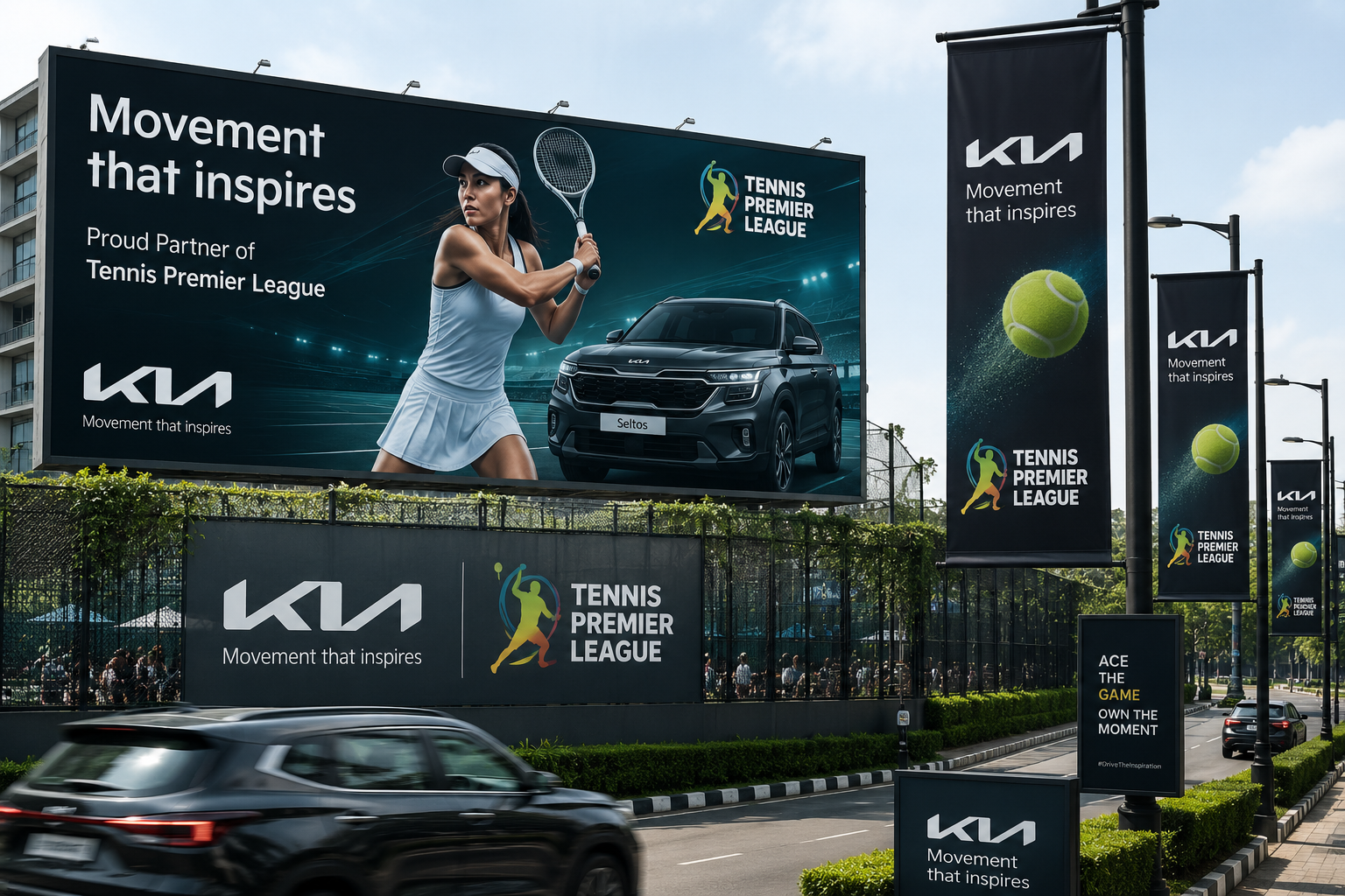 Kia India’s Tennis Premier League OOH campaign featuring large roadside billboards, branded street banners, and tennis-themed outdoor advertising promoting lifestyle-driven sports marketing.