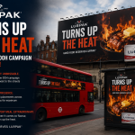 Lurpak’s fiery OOH advertising campaign in London featuring large digital billboards, bus shelter ads, and a branded double-decker bus with flame visuals and sizzling food imagery.