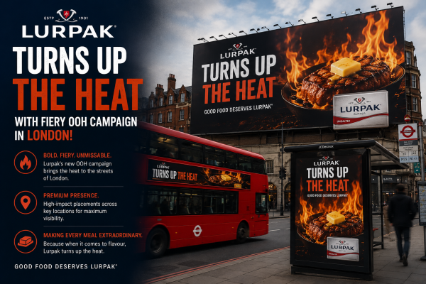 Lurpak’s fiery OOH advertising campaign in London featuring large digital billboards, bus shelter ads, and a branded double-decker bus with flame visuals and sizzling food imagery.