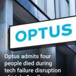 Optus billboard sign outside a building with news text about a telecom service disruption affecting emergency calls.