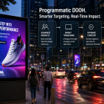 A realistic city street at night featuring a large digital DOOH billboard displaying a sneaker advertisement alongside programmatic advertising analytics and real-time audience targeting visuals.