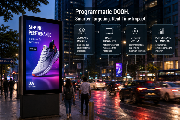 A realistic city street at night featuring a large digital DOOH billboard displaying a sneaker advertisement alongside programmatic advertising analytics and real-time audience targeting visuals.
