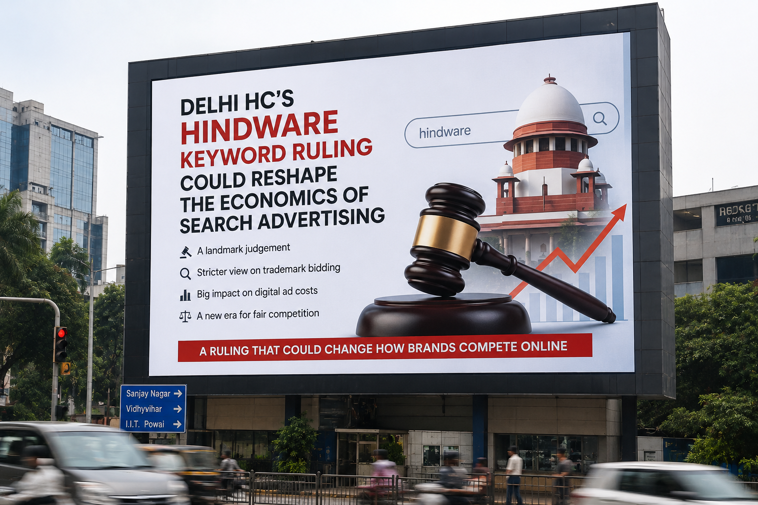 Large digital billboard in an urban city displaying Delhi HC’s Hindware keyword ruling with legal gavel, court building, and search advertising graphics.