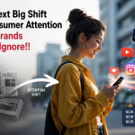 Modern marketing visual showing a consumer attention shift from traditional media (TV, newspaper) to digital platforms on a smartphone, highlighting social media apps and engagement-driven content.