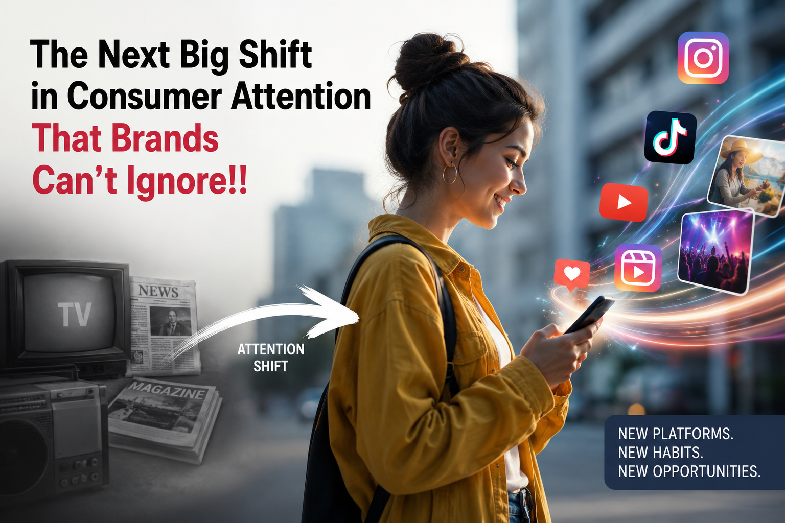 Modern marketing visual showing a consumer attention shift from traditional media (TV, newspaper) to digital platforms on a smartphone, highlighting social media apps and engagement-driven content.