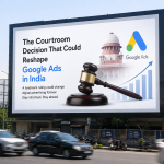 Large digital billboard in an urban Indian city displaying a courtroom-themed advertising concept about a legal decision impacting Google Ads, surrounded by moving traffic and modern commercial buildings.