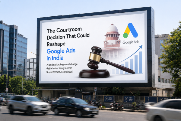 Large digital billboard in an urban Indian city displaying a courtroom-themed advertising concept about a legal decision impacting Google Ads, surrounded by moving traffic and modern commercial buildings.